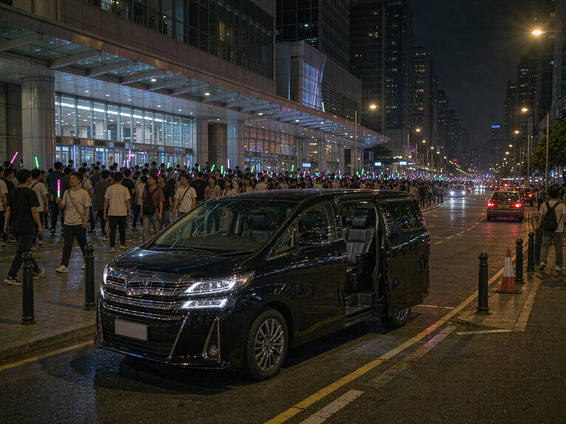 演唱会散场夜色中,黑色七座商务车停靠在场馆外等候接送(场景示意图)